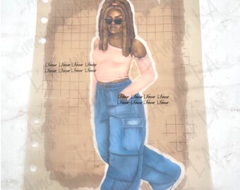 Puede incluir: Ilustración de una persona con gafas de sol, un top rosa con hombros descubiertos y pantalones cargo azules. La imagen tiene texto repetido que dice "L'Amour". El fondo es un patrón de cuadrícula con un lavado marrón.