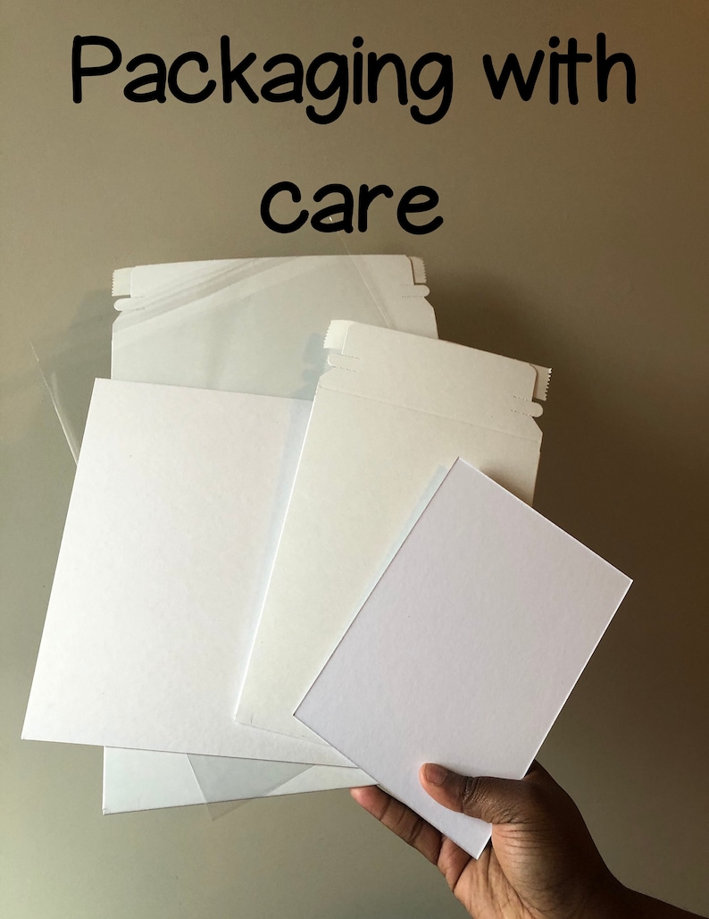 May include: A hand holding a stack of white packaging materials, including paperboard and resealable bags. The text "Packaging with care" is written in black above the packaging.