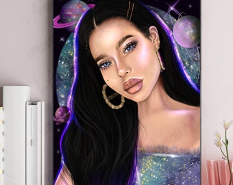 Galaxy Babe Illustration Print | Wall Print | Woman Portrait | Art Print | Hand drawn Wall Decor