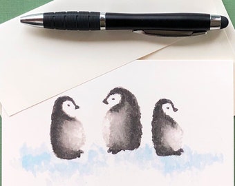 PENGUINS - Notecards - Blank Inside - With Envelope - Watercolor- Cute Illustration - Christmas Cards - ByNikcreations