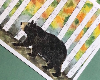 Bear (autumn) - Woodland Animals - Pen & Watercolor Illustration - PRINT of the Original Drawing - 5”x7” Art Print - Signed