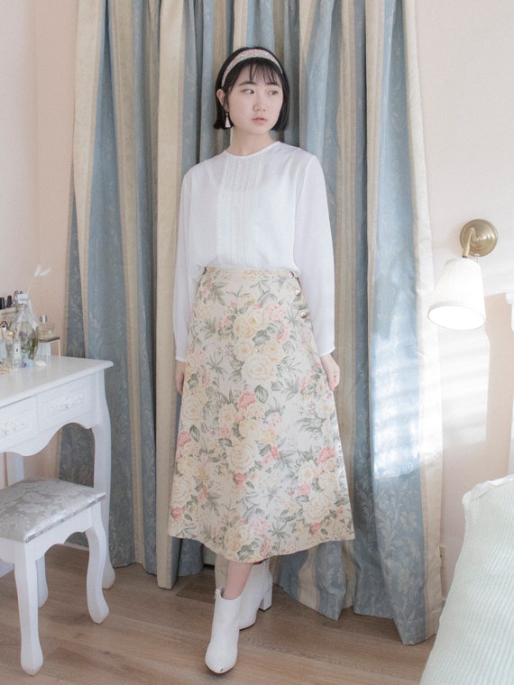 Vintage Golden Silk with Green Beige Floral Embroidery Full Length Maxi Skirt Embroidered Silk Hostess Skirt