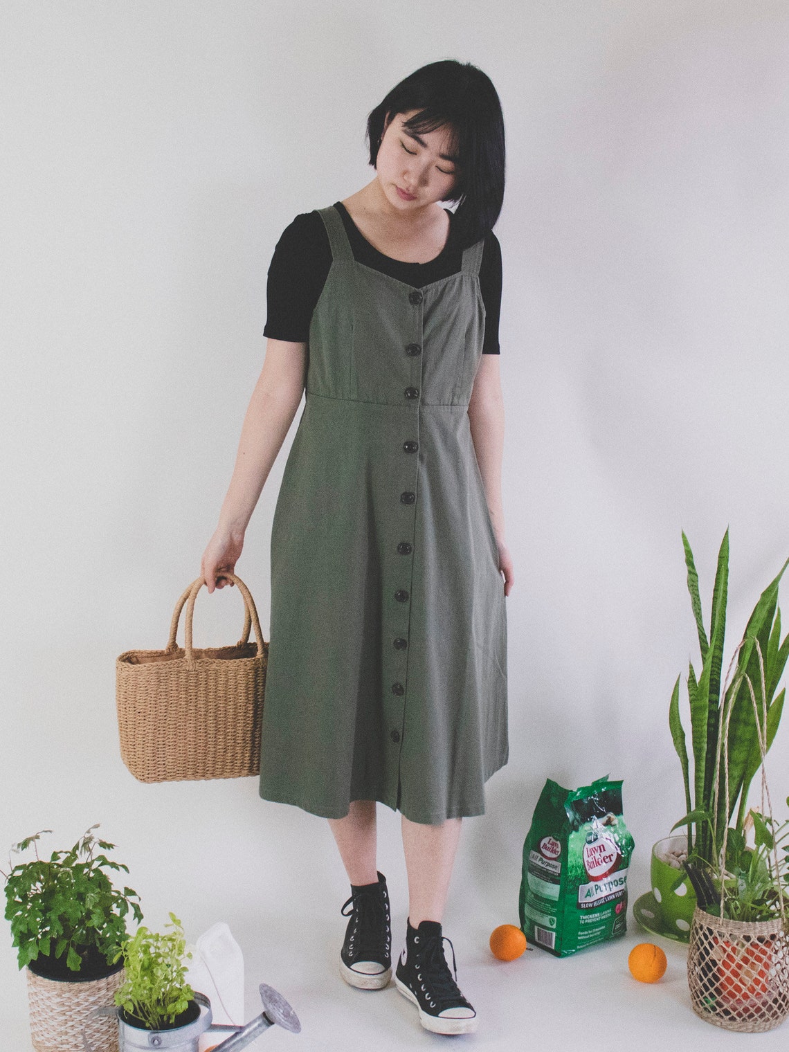 Vintage Khaki Button Front Midi Dress Etsy