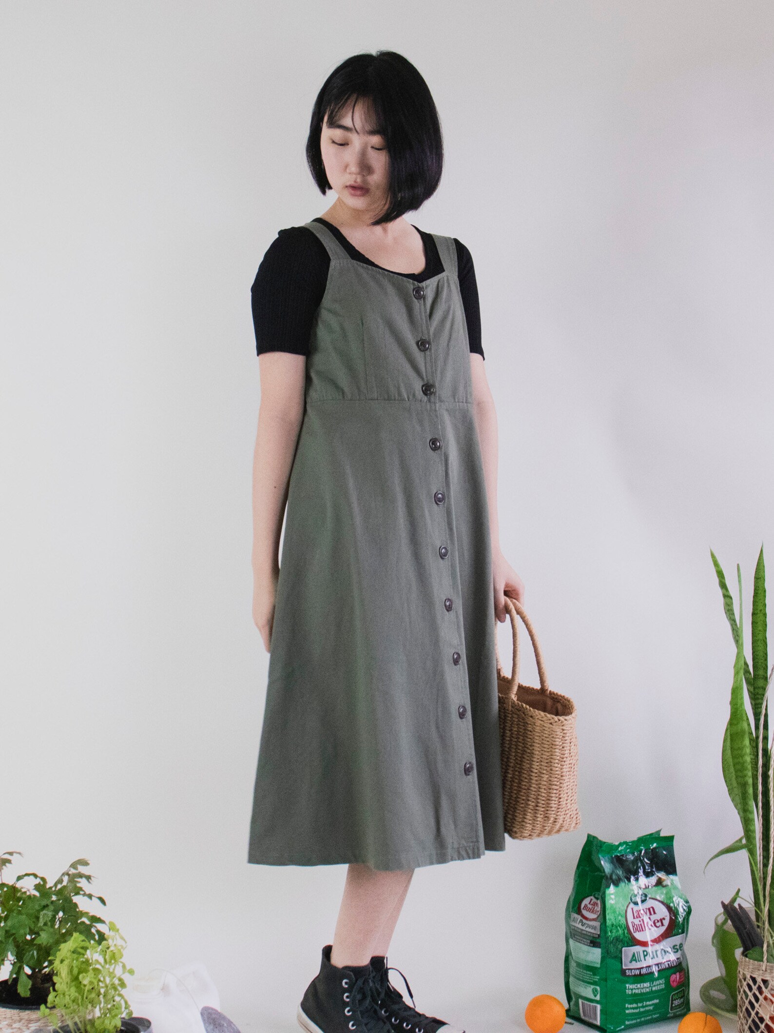 Vintage Khaki Button Front Midi Dress Etsy