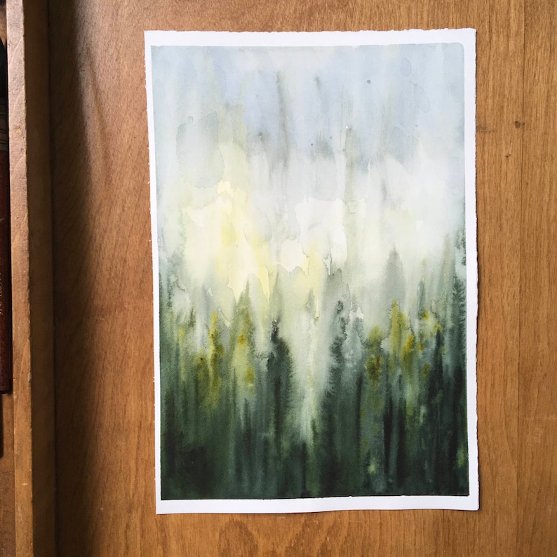 Places we go when we dream Watercolor painting 11x 7.5 light blues Loose watercolor painting style. In greens yellows