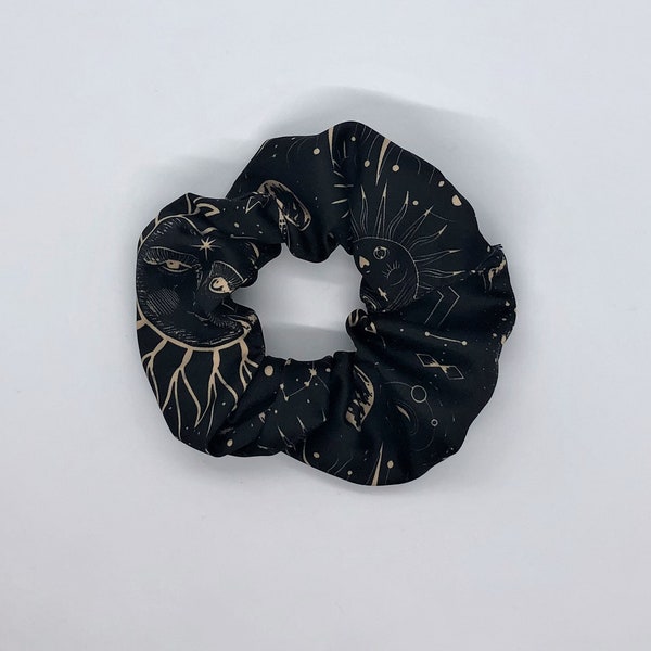 Black and Gold Celestial Detailed Handmade Satin Silk Scrunchie, Medium to Thick Hair, Signature Collection