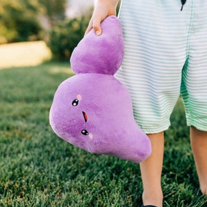 Könnte beinhalten: Ein Kind hält ein lilafarbenes Plüschtier in Form einer Wolke mit einem fröhlichen Gesicht. Das Spielzeug hat eine kleine, runde, rosafarbene Nase und schwarze Augen. Das Kind trägt eine blau-weiß gestreifte Hose.