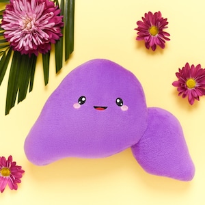 May include: A purple plush toy shaped like a liver with a smiling face. The toy is surrounded by pink flowers on a yellow background.