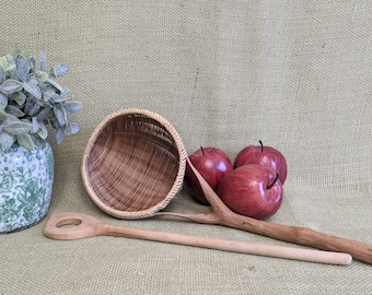 Hand Carved Wicker and Wood Strainer~Sieve and Rustic Wood Spoon Set ~ Primitive - Decorative