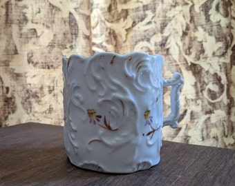 Antique Victorian China Mustache (Moustache) Mug, LEFT HANDED, Hand Painted Gold Leaf