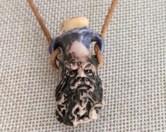 Unique Ceramic "Jug" Necklace One of a Kind; Bearded Man, Vintage Leather Necklace