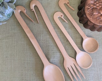 Hand Made set of Duck Goose Wooden Spoons and Fork - Rustic Primitive Vintage Hand carved Decorative