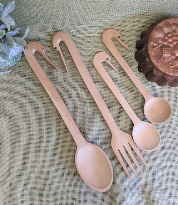 Vintage Hand Carved Wooden Duck/goose Spoon & Fork Set - Etsy