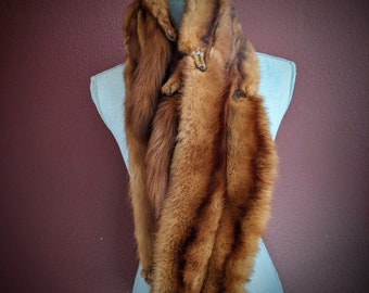 Vintage Marten Fur Stole, 3 Pelts, Rich Caramel Brown with a Dark Brown stripe Fur Tippet Scarf European Sable