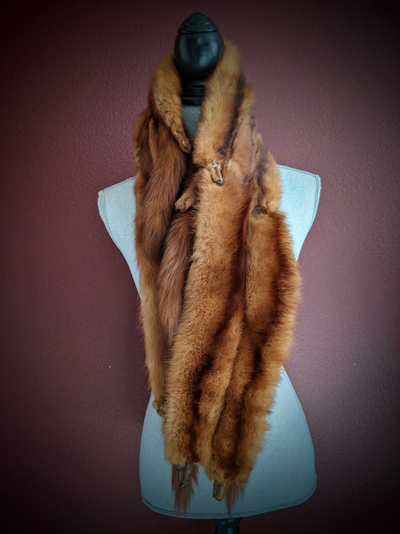 Vintage Marten Fur Stole, 3 Pelts, Rich Caramel B… - image 1