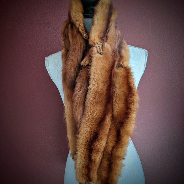 Vintage Marten Fur Stole, 3 Pelts, Rich Caramel Brown with a Dark Brown stripe Fur Tippet Scarf European Sable