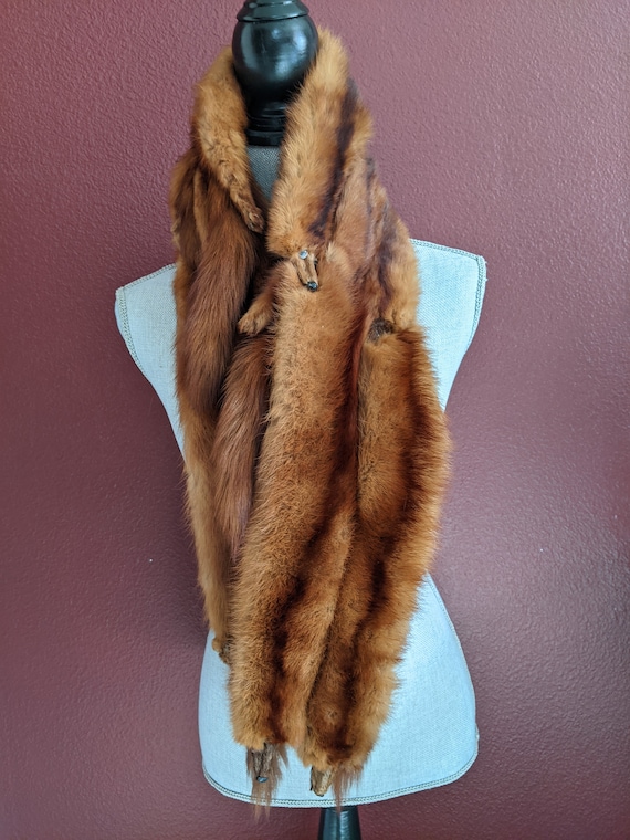 Vintage Marten Fur Stole, 3 Pelts, Rich Caramel B… - image 2