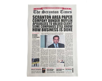 May include: A newspaper titled "The Scranton Times" with the headline "SCRANTON AREA PAPER COMPANY DUNDER MIFFLIN APOLOGIZES TO VALUED CLIENT SOME COMPANIES STILL KNOW HOW BUSINESS IS DONE." The image includes a photo of Michael Scott.