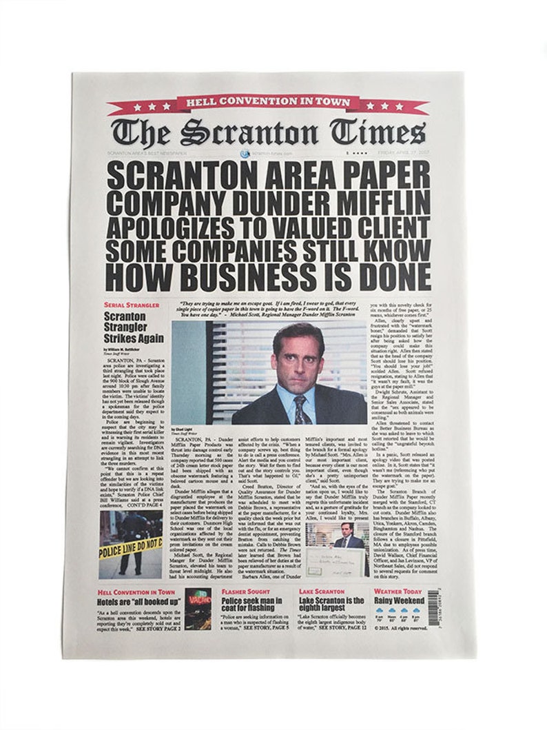 The Office Scranton Times Newspaper Headline Poster Dunder Etsy