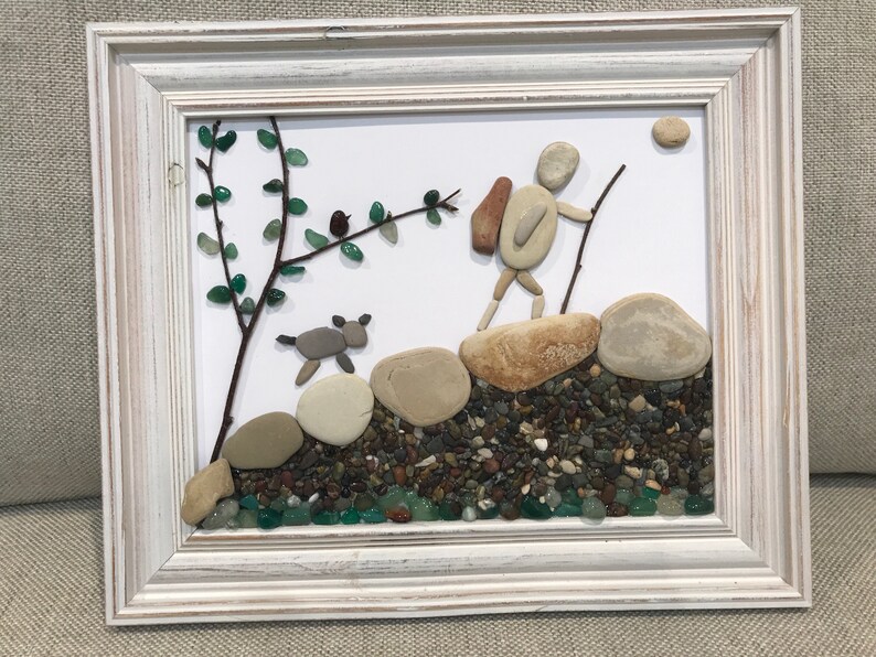 Hiking pebble art couple dog collage wall decor framed Etsy