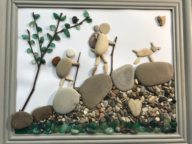 Hiking pebble art couple dog collage wall decor framed Etsy