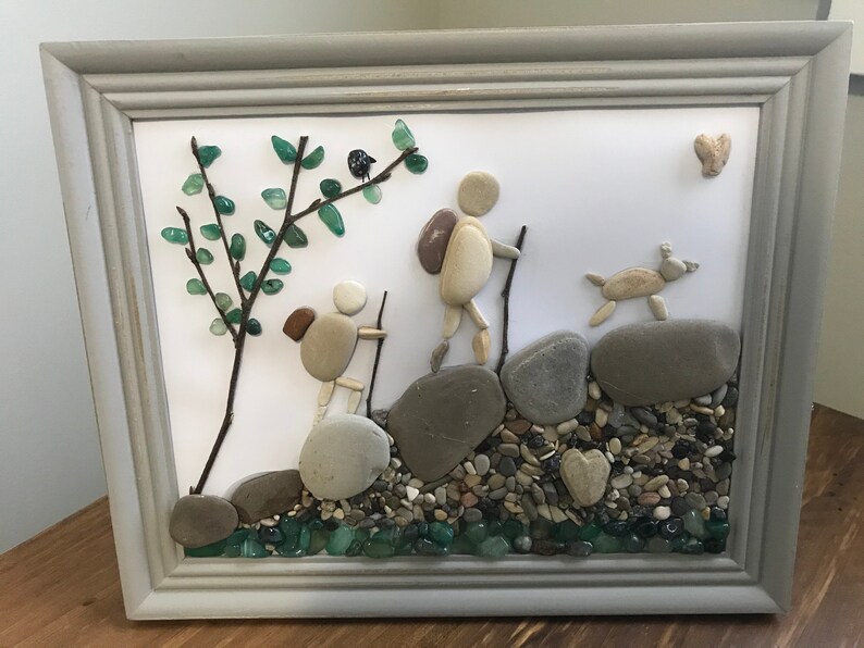 Hiking pebble art couple dog collage wall decor framed Etsy