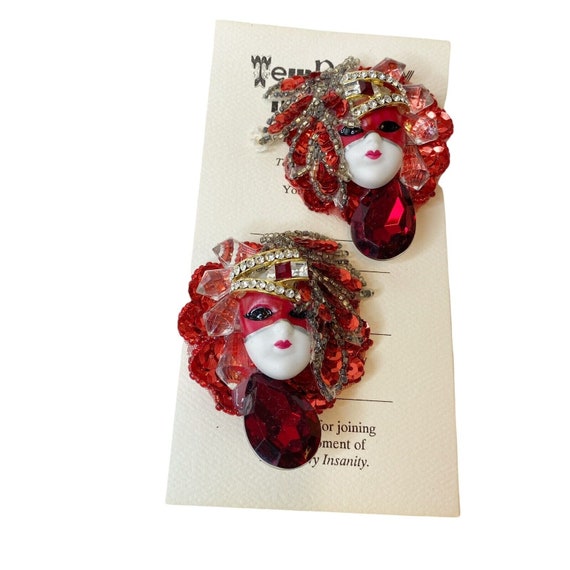 Ceramic Asian Hand Painted Clip Earrings Sequins … - image 1