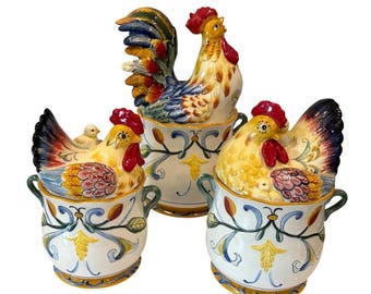 Fitz And Floyd Set of Three Canister Set Rooster Hens Lidded Ceramic Colorful