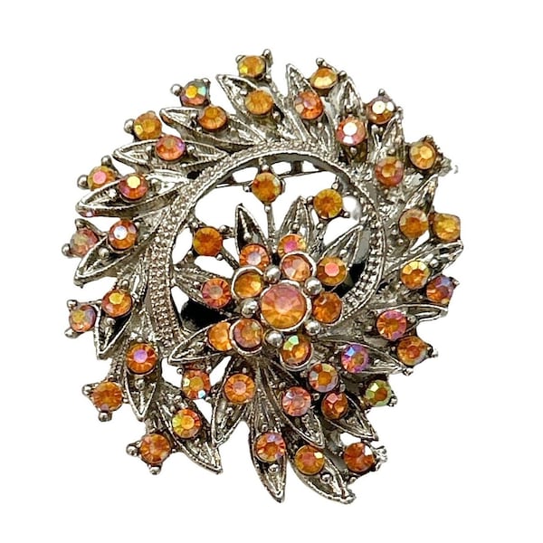 Vintage Aurora Borealis Coral Wreath Raised Flower Brooch Pin Pendant Gold Tone