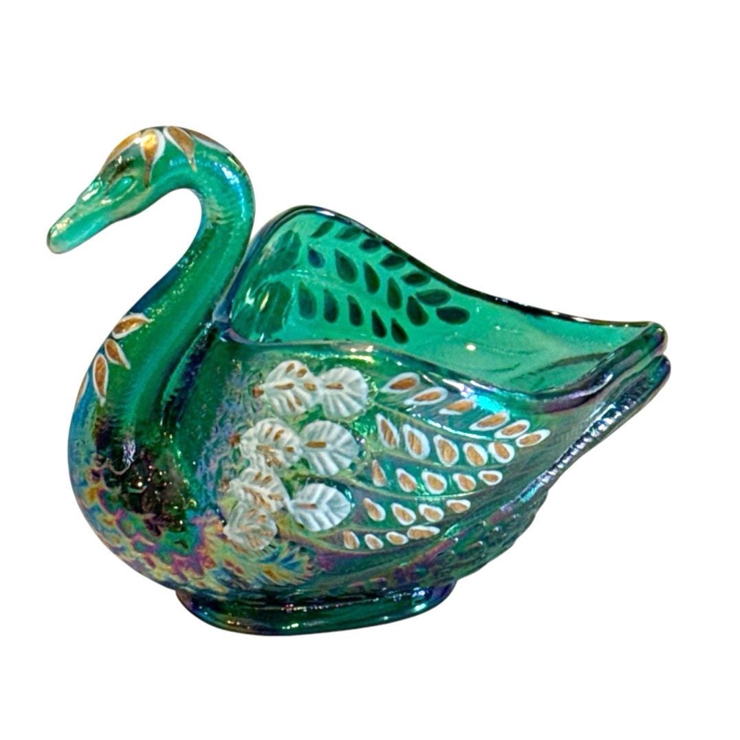 Fenton Glass Museum Collection Swan Dish Trinket Teal Hand Painted Bird Irridescent 2001
