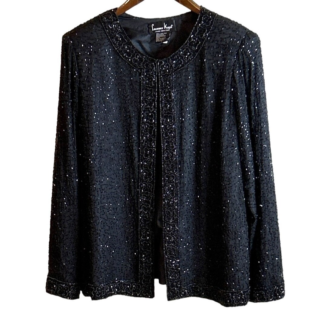 NWT VTG Laurence Kazar Women's Black Red Cropped Beaded Silk Jacket Large