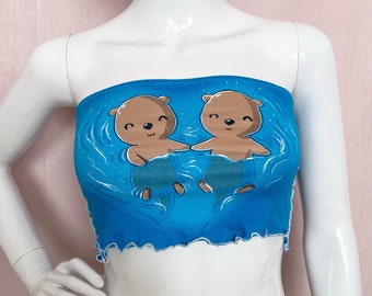 Upcycled Sea Otter Love Blue Tube Top, Size XS