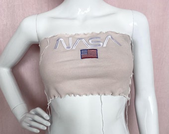 Upcycled Nasa USA Flag Embroidered Ribbed Tube Top, Size Small