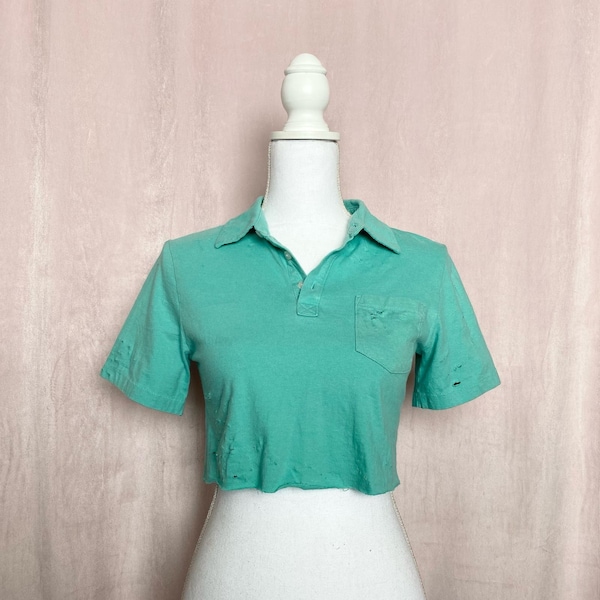 Upcycled Distressed Mint Green Polo Crop Top, Size XS