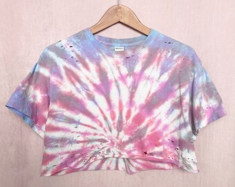 Upcycled Distressed Spiral Tie Dye Crop Tee, Size Medium