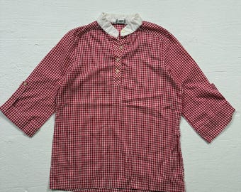 Blusa Trissi roja de cuadros vichy vintage de los 80 con cuello blanco, talla 12