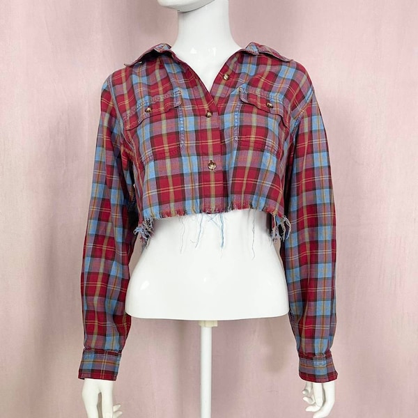 Reworked Vintage Liz Claiborne Plaid Crop Button Up, Size Medium