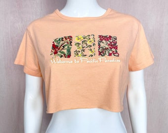 Reworked Floral Sequins Graphic Crop Tee, Size Large