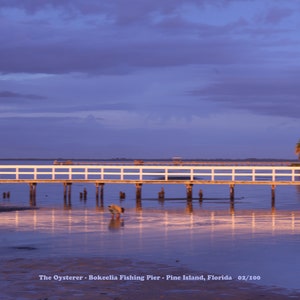 May include: A white wooden pier extends over calm water at sunset. The sky is a soft purple and pink, and the water reflects the colors. The pier is supported by wooden pilings, and there is a person standing on the pier in the distance.