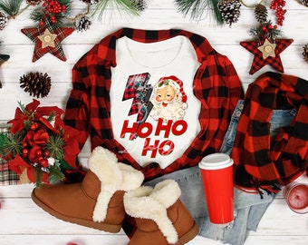 Santa Ho Ho Ho Christmas Leopard Buffalo Plaid Lightning Vintage Trendy Sublimation Design Download PNG