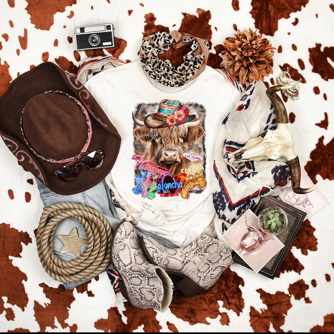 Neon Rodeo Shirt Design Western Las Vegas Neon Rodeo Highland Cow Cowhide Trendy Sublimation ...