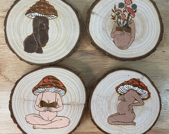 Cogumelo mãe, porta-copos deusa, biscoitos de madeira