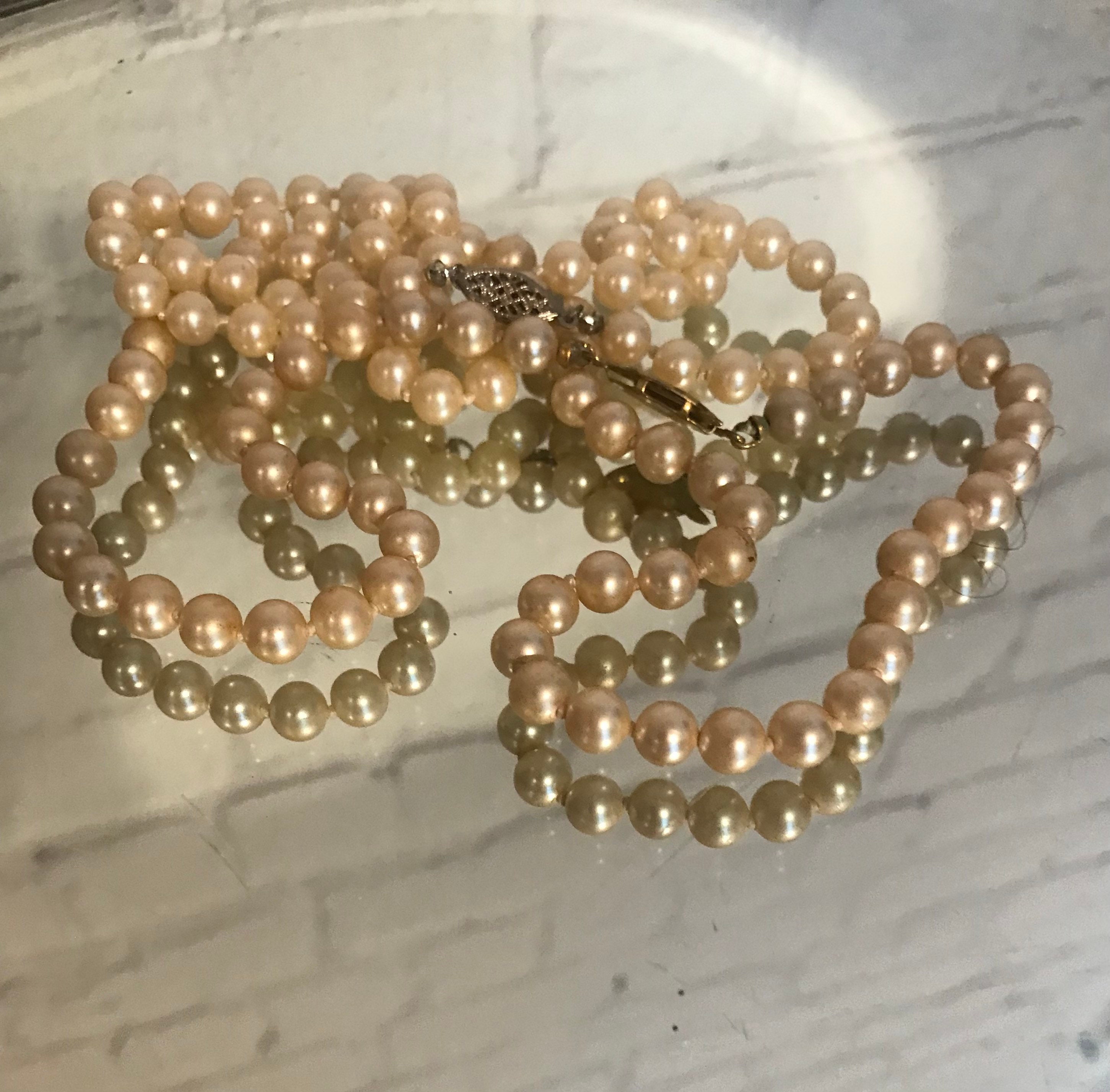 2 Faux Glass Pearl Necklaces With Goldtone or Silvertone