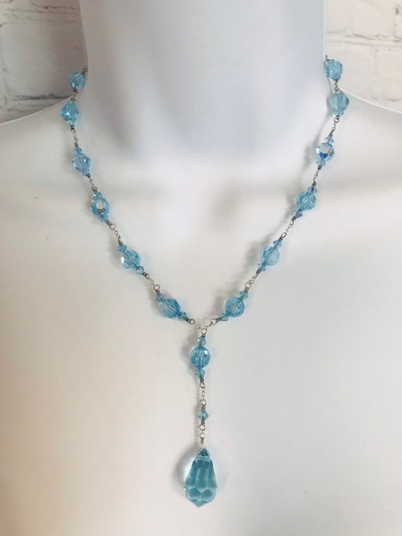 Antique Art Deco aqua rock crystal pendant necklac