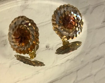 Vintage sequin bronze clip on earrings
