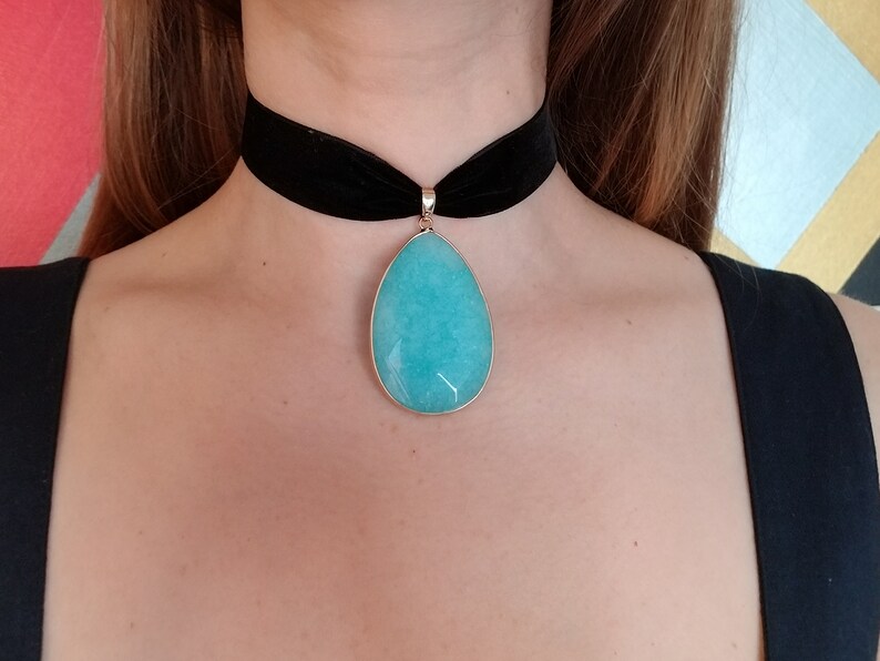 Turquoise pendant chartreuse Velvet Choker Necklace Bridesmaid gifts gothic choker,Mother day gift vintage green plus size choker