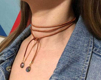 Swarovski layered leather choker necklace, simple everyday necklace, Mother day gift for her,Bridesmaid gifts,BFF, LOVE
