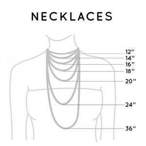 Puede incluir: Un diagrama que muestra diferentes longitudes de collar de 12 pulgadas a 36 pulgadas. Las longitudes se muestran en un dibujo del cuello de una persona.