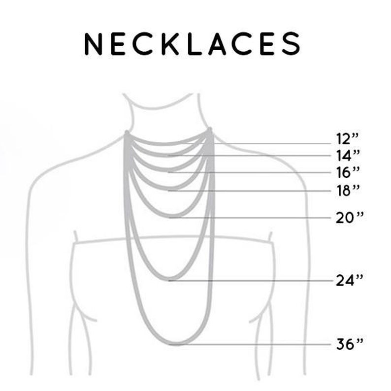 Puede incluir: Un diagrama que muestra diferentes longitudes de collar de 12 pulgadas a 36 pulgadas. Las longitudes se muestran en un dibujo del cuello de una persona.