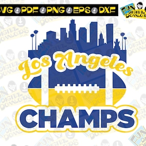 May include: A blue and yellow football design with the text "Los Angeles Champs" and a silhouette of the Los Angeles skyline.